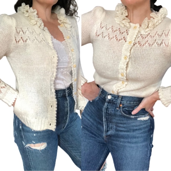 Vtg Puff Sleeve Pockets Ruffle Cut Work Knit Granny Grandma Cardigan Sweater S/M - Picture 17 of 17